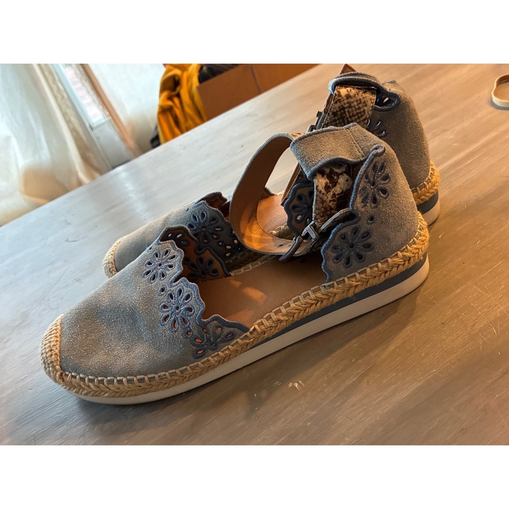 Crown Vintage Blue Suede Floral Embroidered Espadrille Ankle Strap Flats 8.5 - Picture 9 of 11